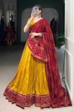 Yellow-&amp;-Maroon-Tasar-Silk-Bandhej-Print-Lehenga-Set2