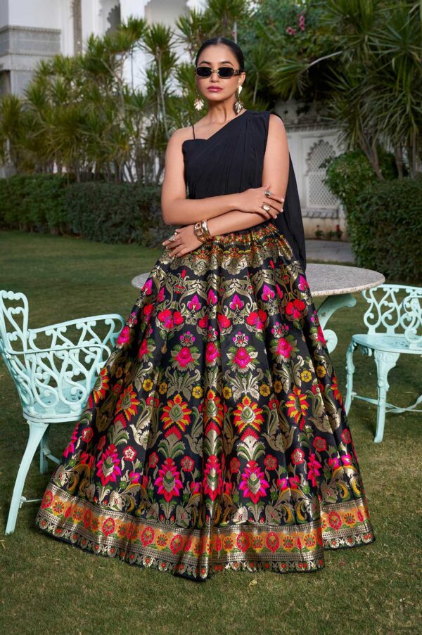 Black Banarasi Silk Zari Weaving Lehenga with Stylish Georgette Blouse & Attached Dupatta