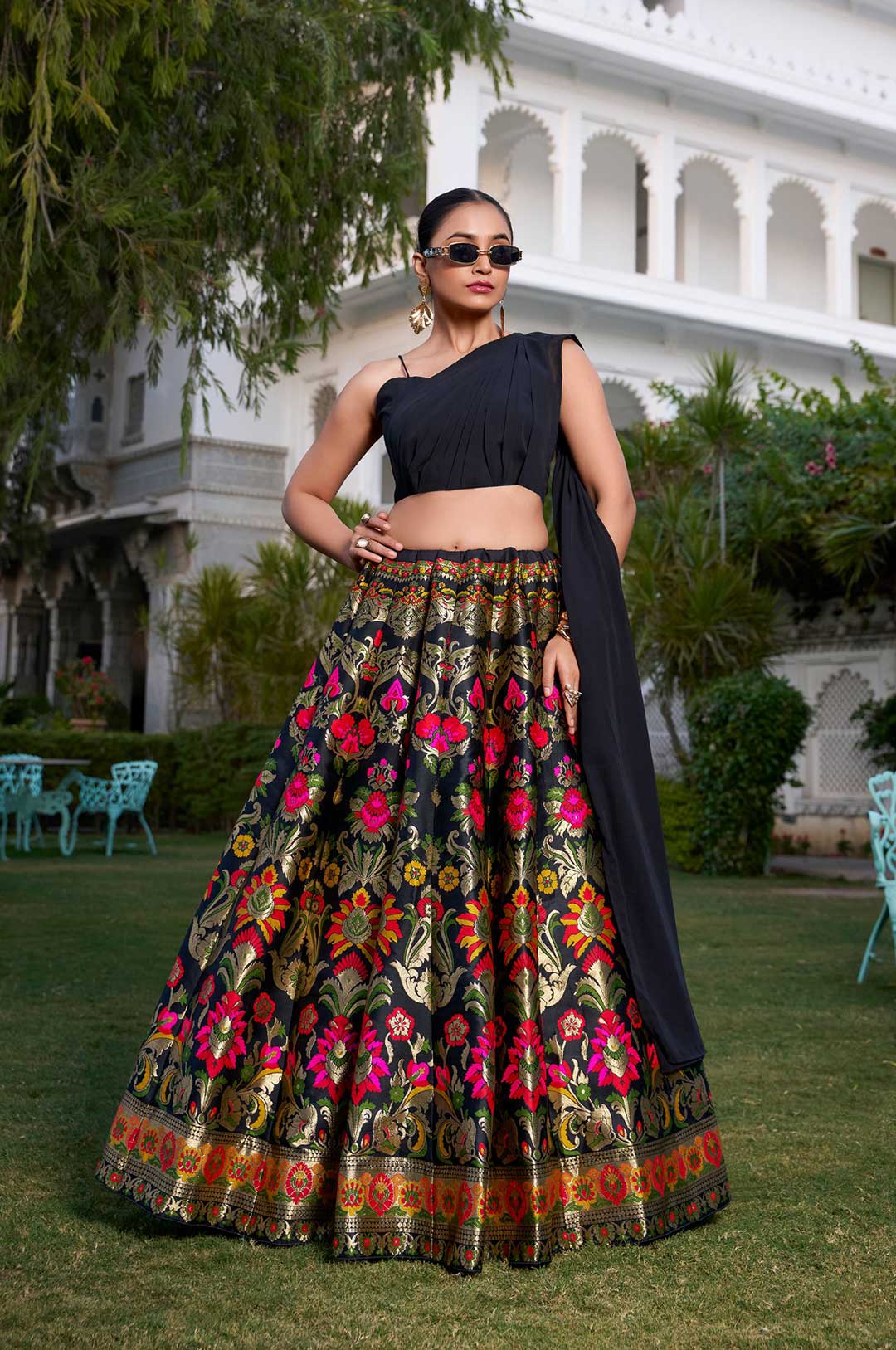 Black Banarasi Silk Zari Weaving Lehenga with Stylish Georgette Blouse & Attached Dupatta