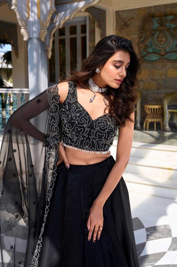 Black Star Satin Embroidered Lehenga Choli with Dupatta