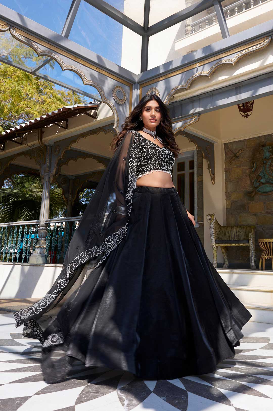 Black Star Satin Embroidered Lehenga Choli with Dupatta