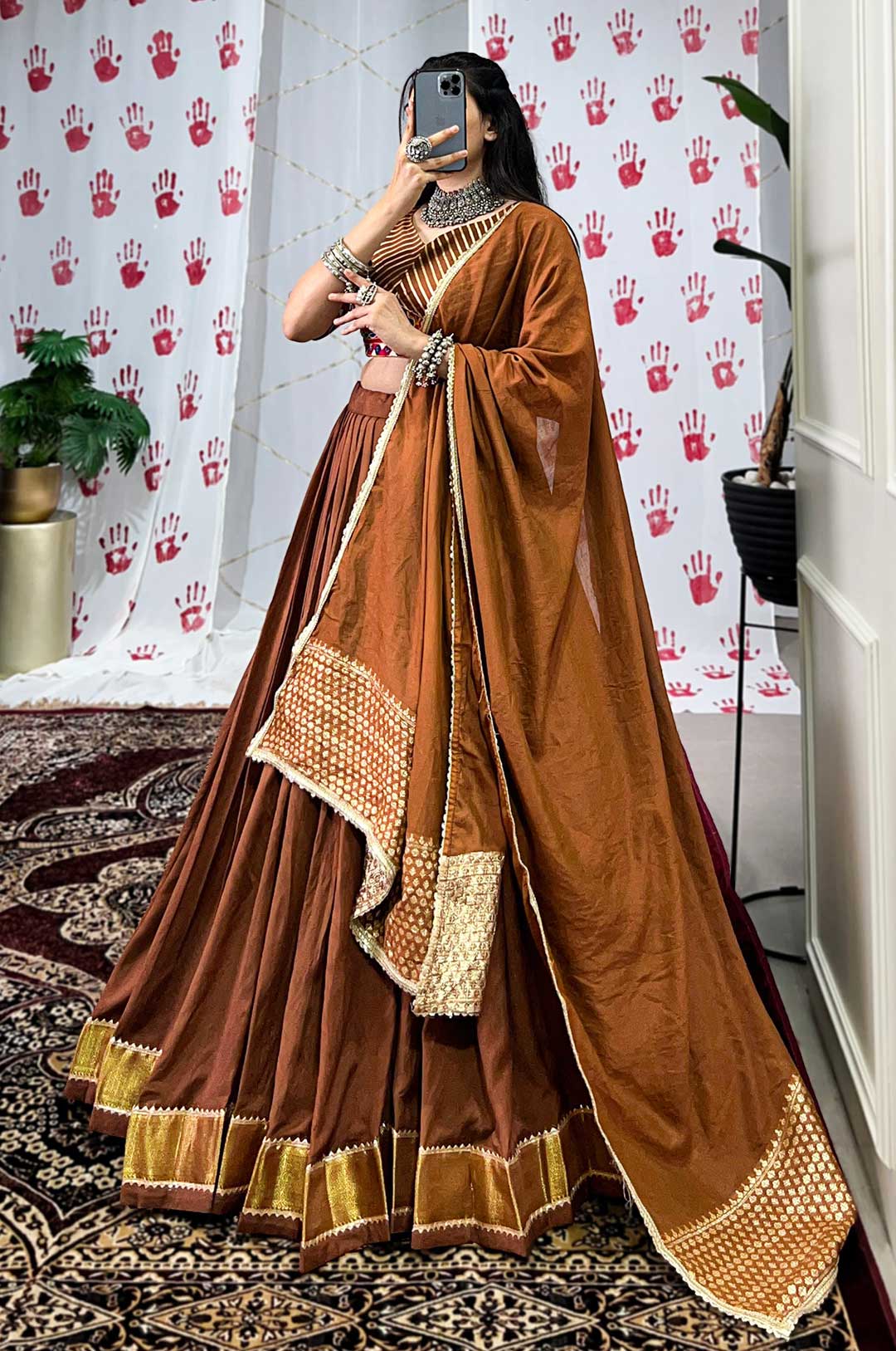 Brown Chanderi Zari Weaving Lehenga Choli with Dupatta