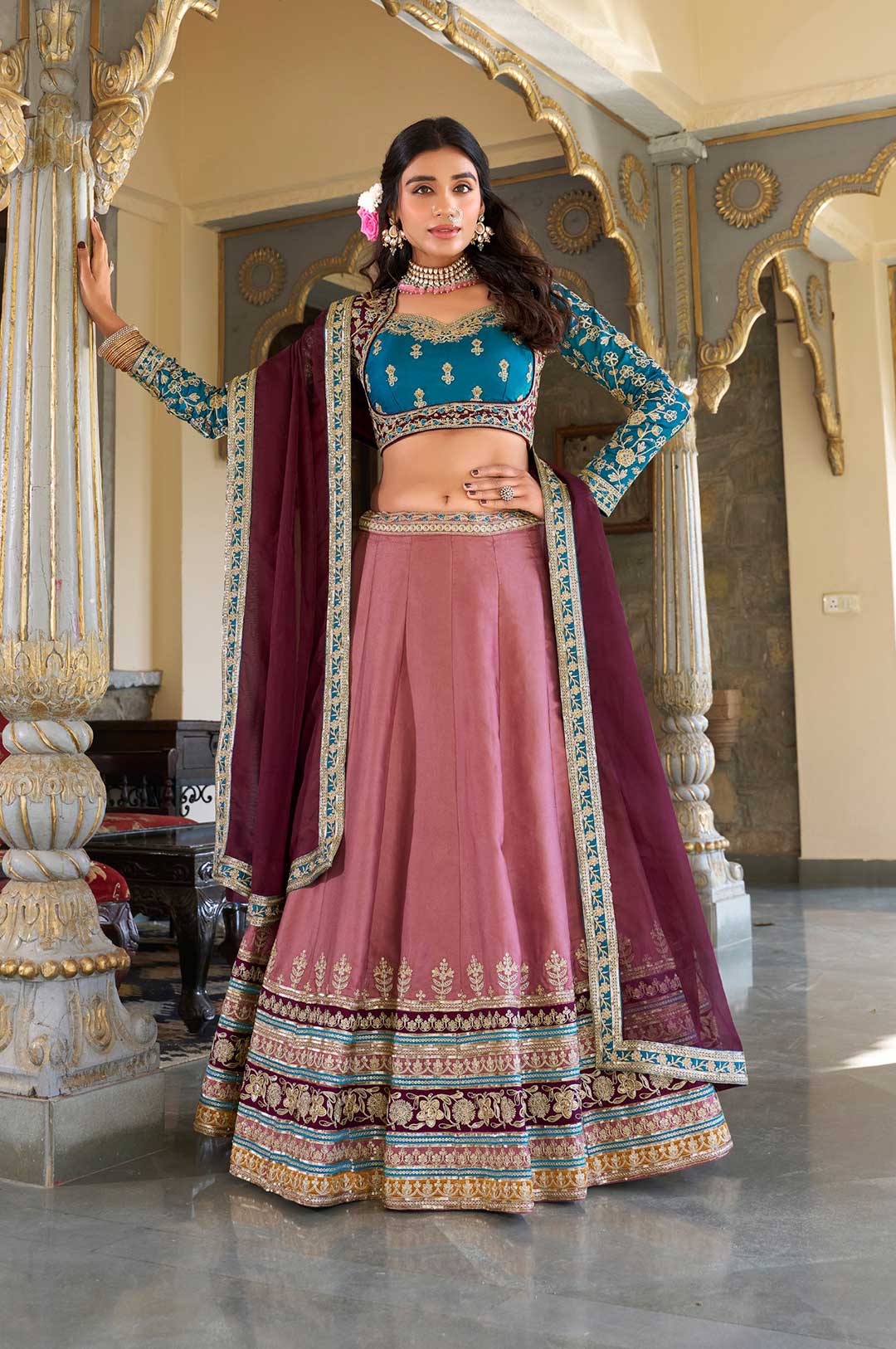 Designer Moonga Silk Embroidered Lehenga Choli with Organza Dupatta
