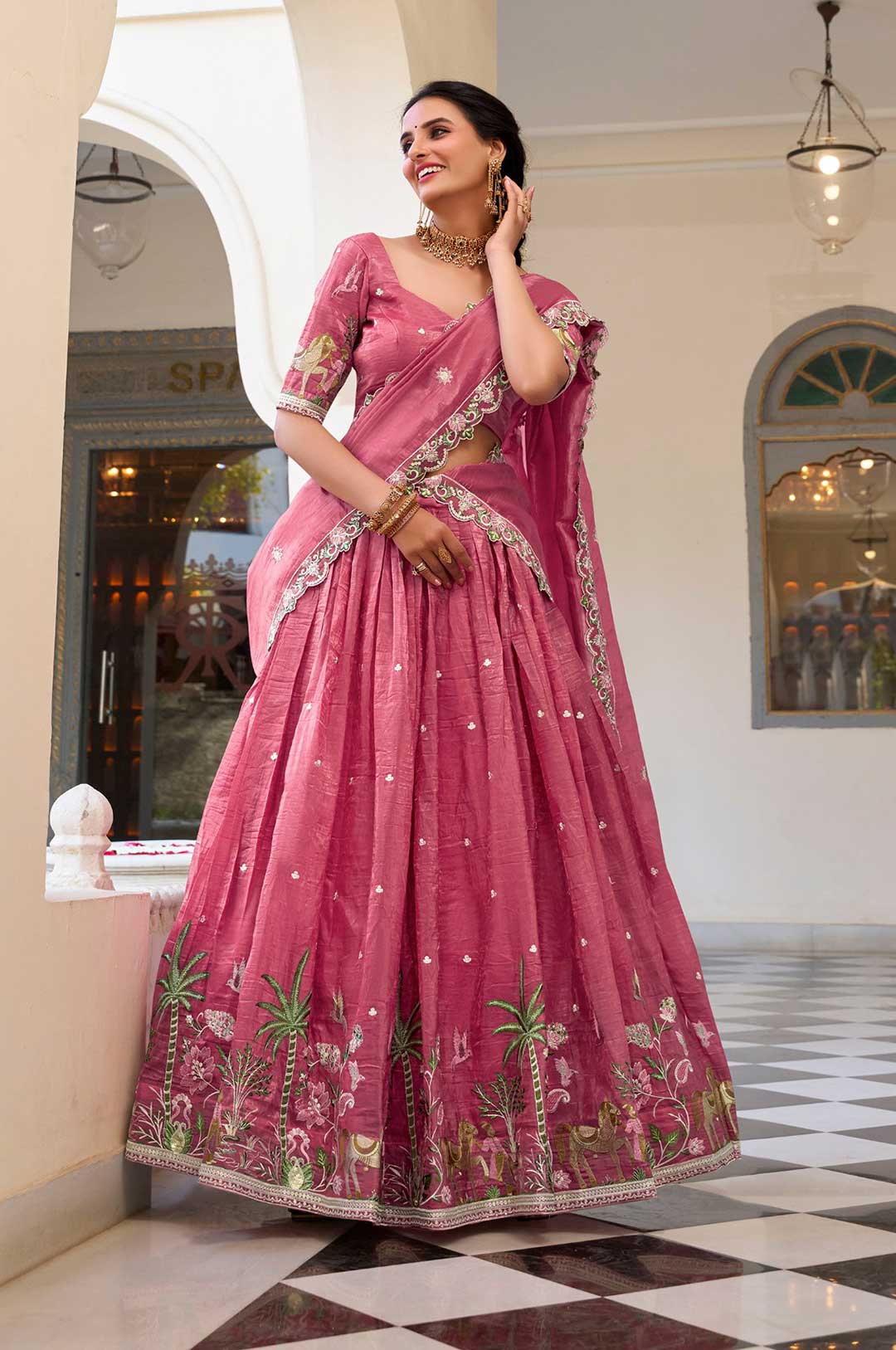 Designer Pink Gold Crush Lehenga Choli with sequins & thread embroidery work