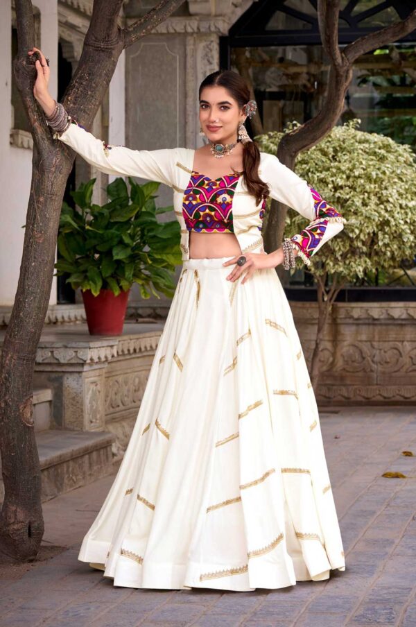 Designer Pure Rayon Mirror Work Gamthi Lehenga Choli with Sequins Lace Detailing