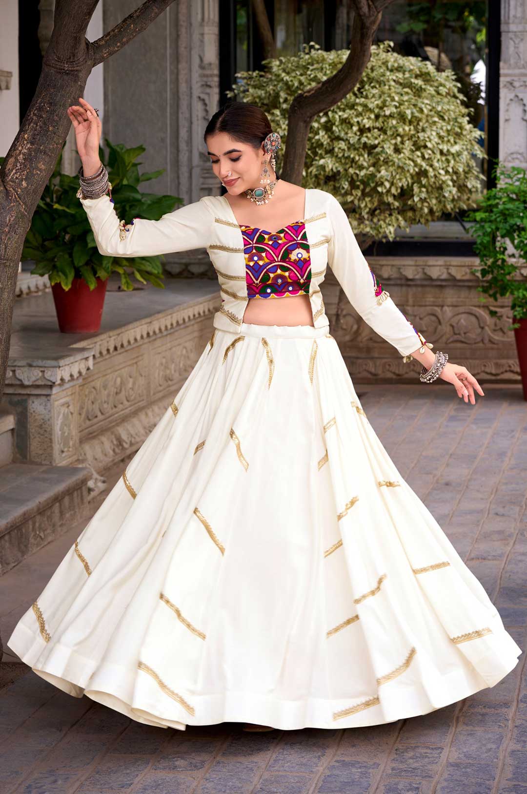 Designer Pure Rayon Mirror Work Gamthi Lehenga Choli with Sequins Lace Detailing