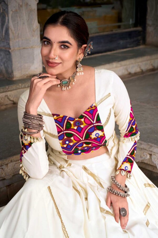 Designer Pure Rayon Mirror Work Gamthi Lehenga Choli with Sequins Lace Detailing