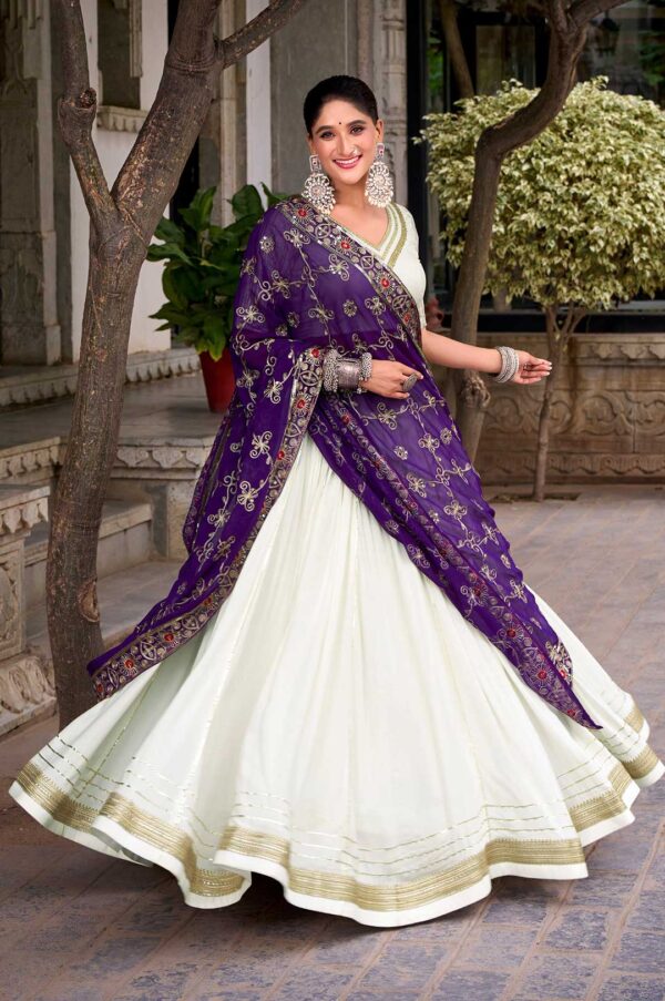 Designer White Rayon Lehenga Choli with Purple Georgette Sequins Dupatta
