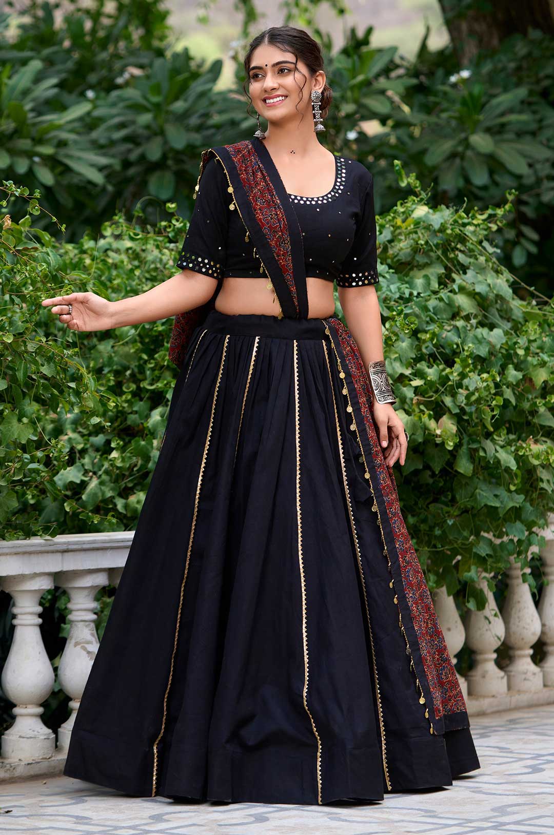 Elegant Black Cotton Lehenga with Mirror Work Blouse & Printed Dupatta