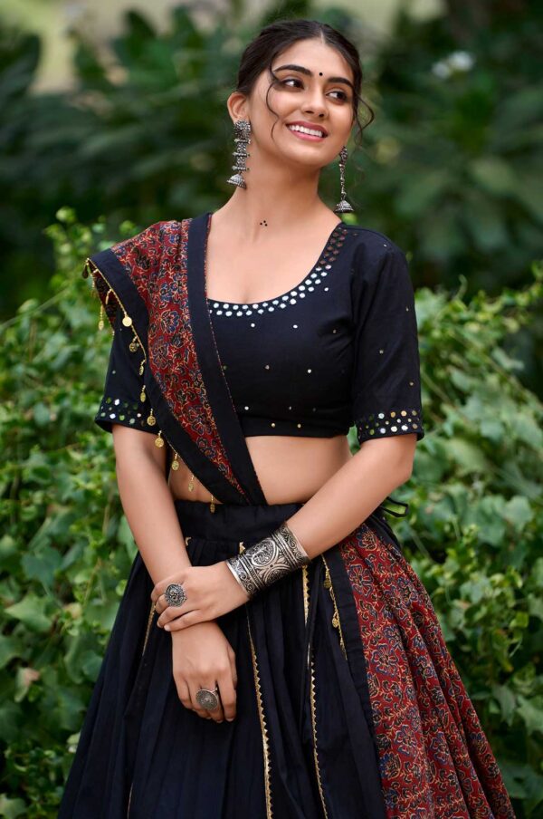 Elegant Black Cotton Lehenga with Mirror Work Blouse & Printed Dupatta