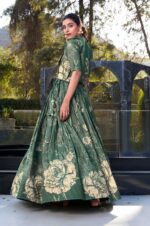 Elegant-Green-Tussar-Silk-Floral-Print-Lehenga-with-Blouse-&amp;-Koti-3