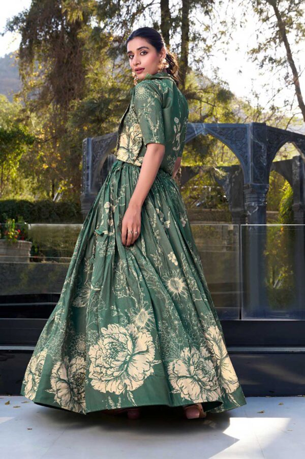 Elegant Green Tussar Silk Floral Print Lehenga with Blouse & Koti