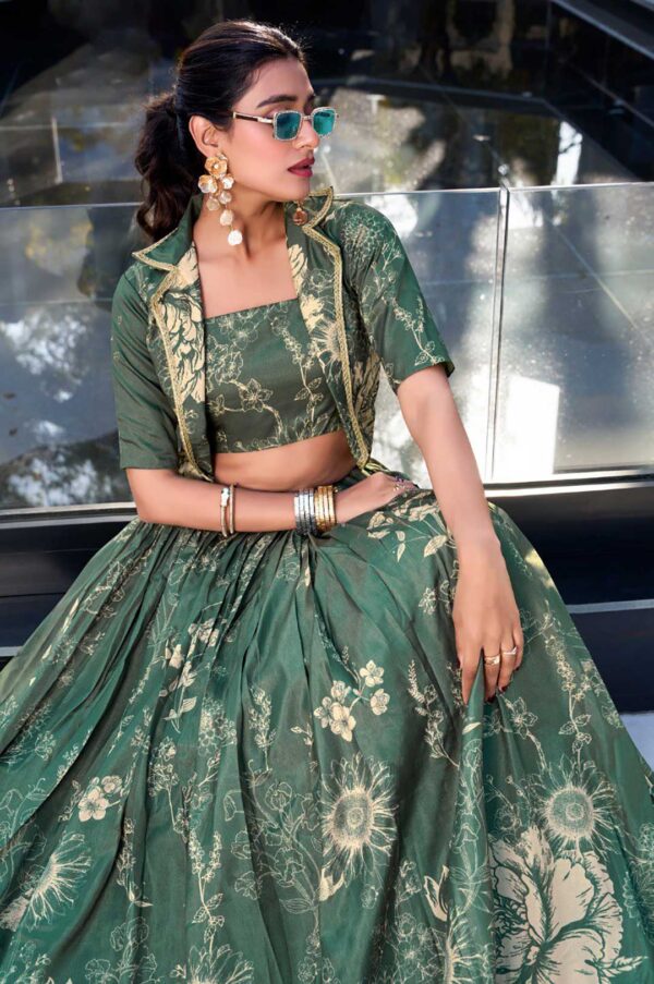 Elegant Green Tussar Silk Floral Print Lehenga with Blouse & Koti