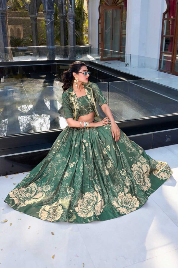 Elegant Green Tussar Silk Floral Print Lehenga with Blouse & Koti