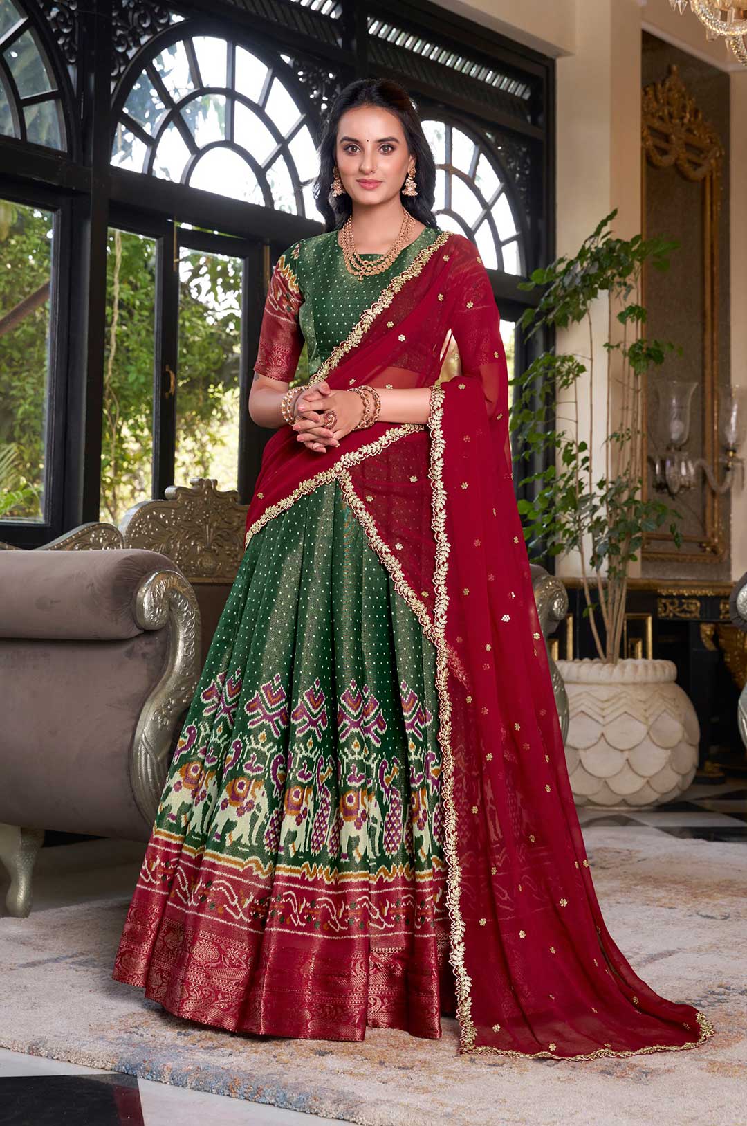 Green Kanchipuram Silk Lehenga Choli with Red Dupatta