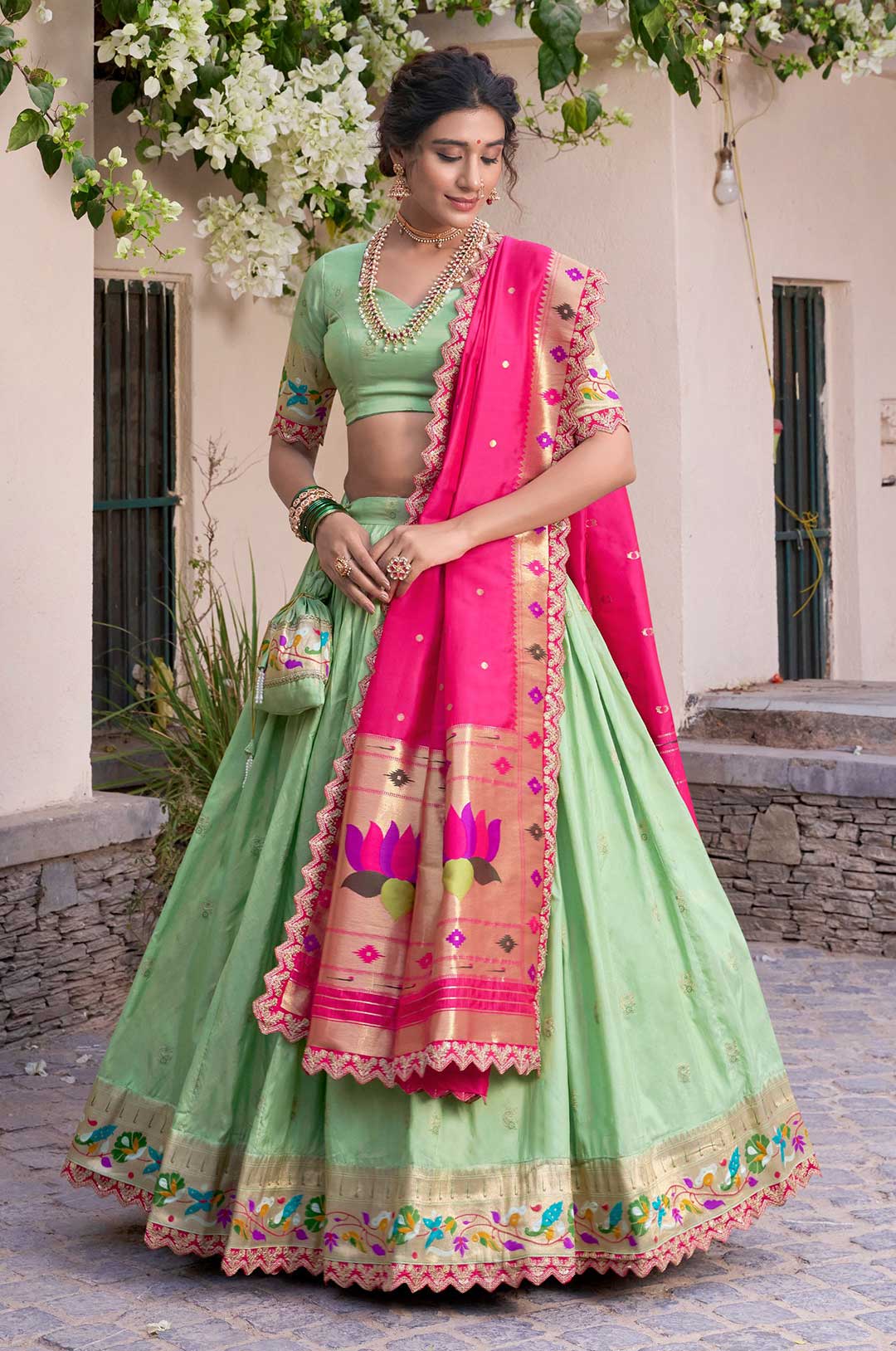 Green Paithani Jacquard Silk Lehenga Choli with Pink Dupatta & Batwa