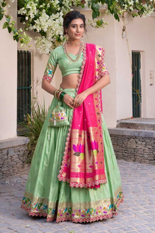 Green Paithani Jacquard Silk Lehenga Choli with Pink Dupatta & Batwa