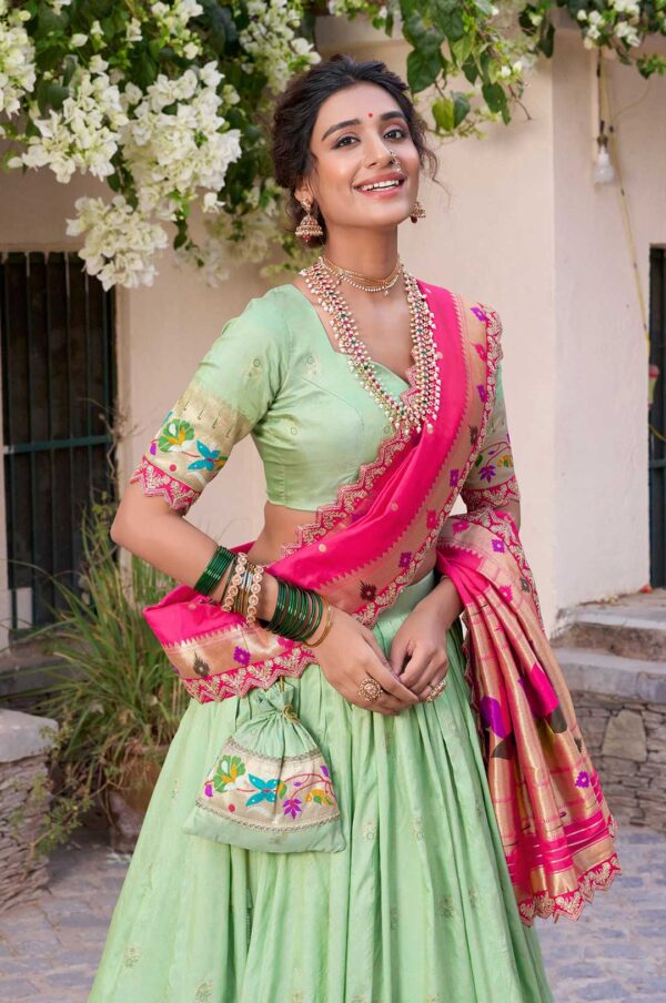 Green Paithani Jacquard Silk Lehenga Choli with Pink Dupatta & Batwa