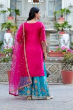 Hot-Pink-Moonga-Silk-Embroidered-Top-&amp;-Bottom-with-Net-Dupatta-4
