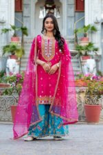 Hot-Pink-Moonga-Silk-Embroidered-Top-&amp;-Bottom-with-Net-Dupatta2