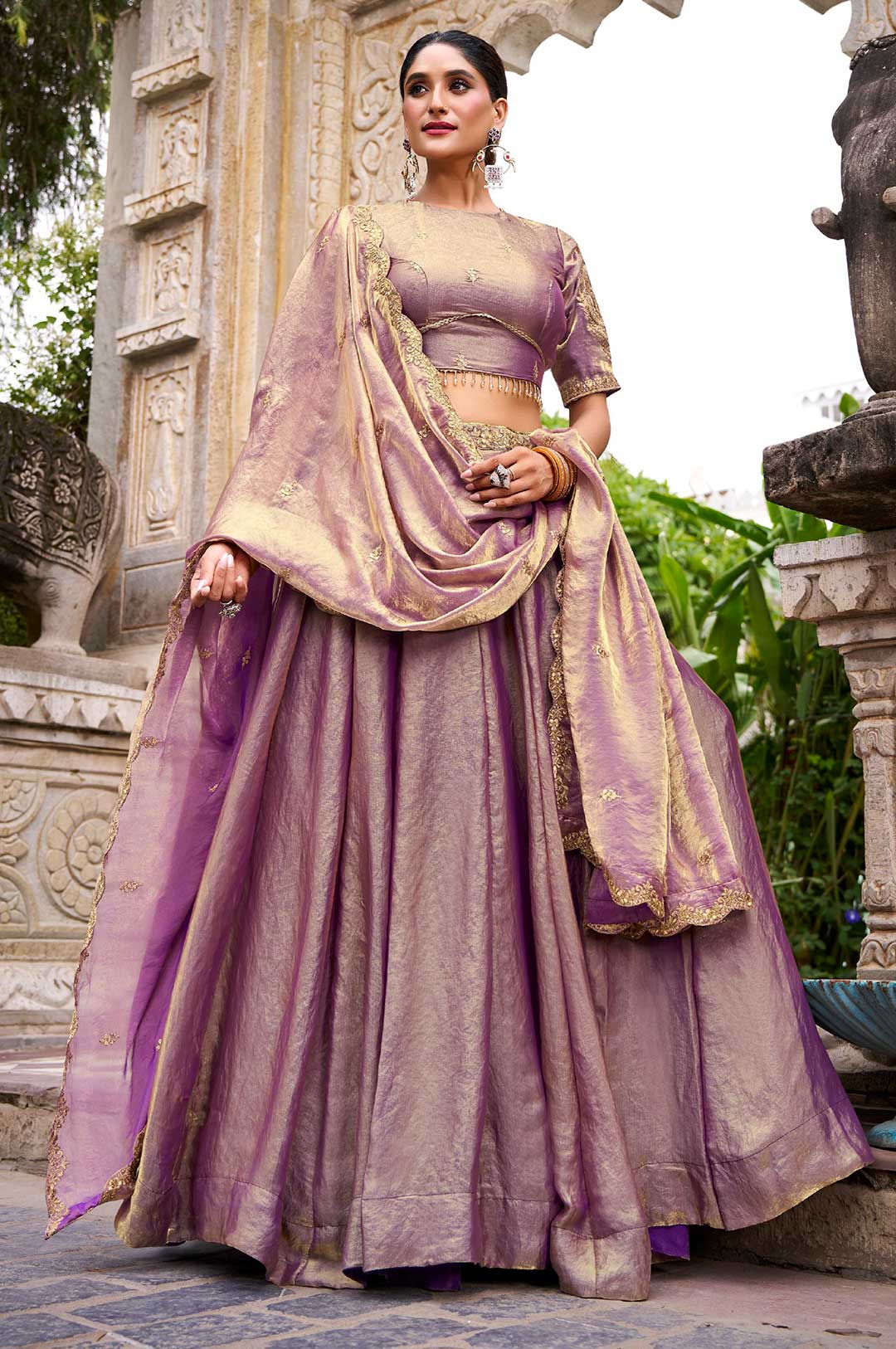 Lavender Gold Fendi Silk Embroidered Lehenga with Dupatta