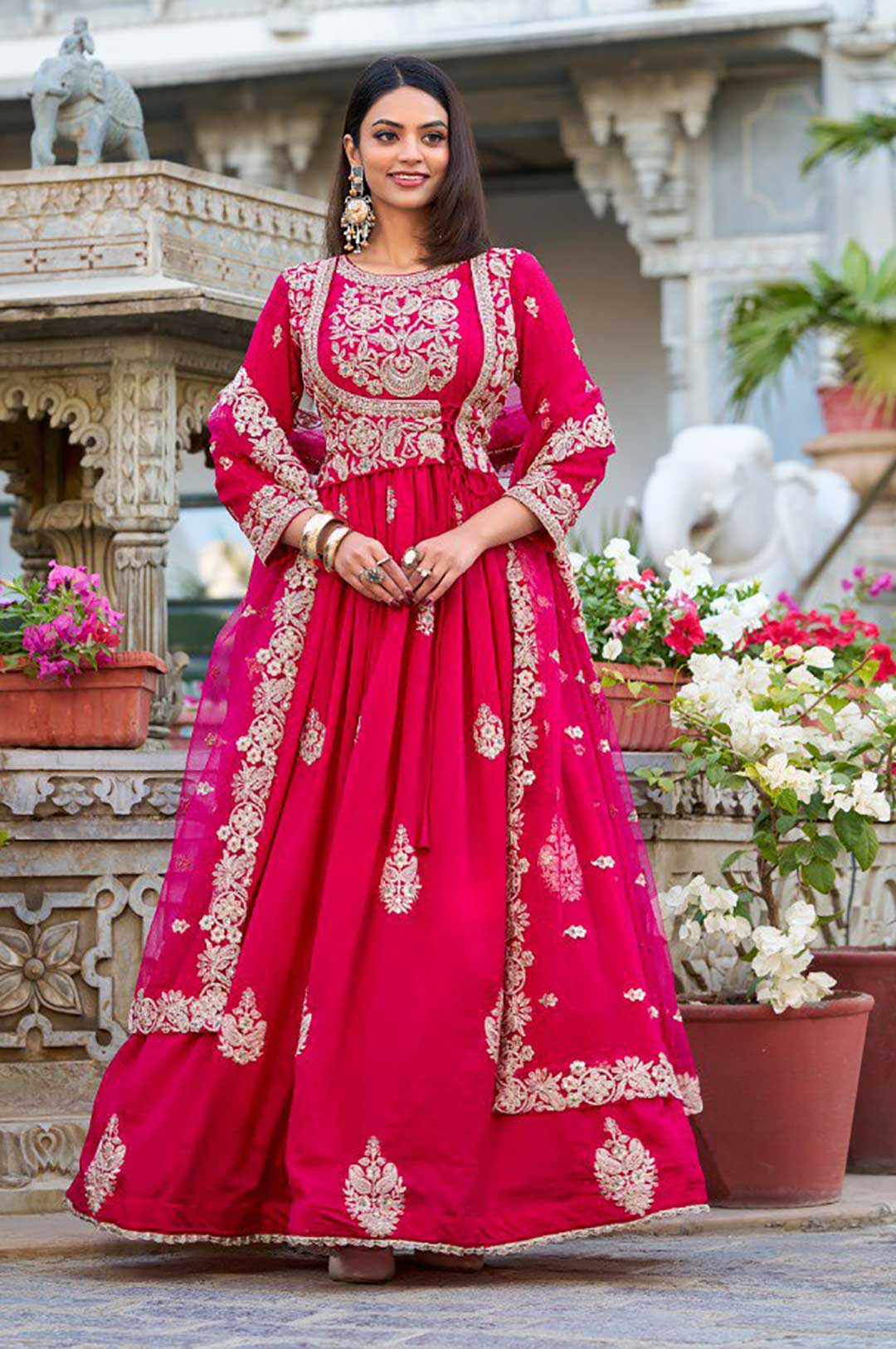 Maroon Floral Vichitra Silk Embroidered Gown with Net Dupatta