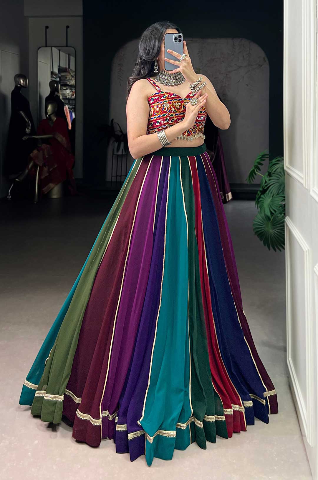 Multi-Color Georgette Lehenga with Gamthi Mirror Work Blouse | Navratri Special
