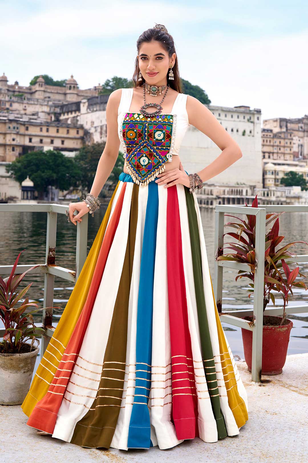 Multi-Color Rayon Garba Lehenga with Mirror Gamthi Work Blouse