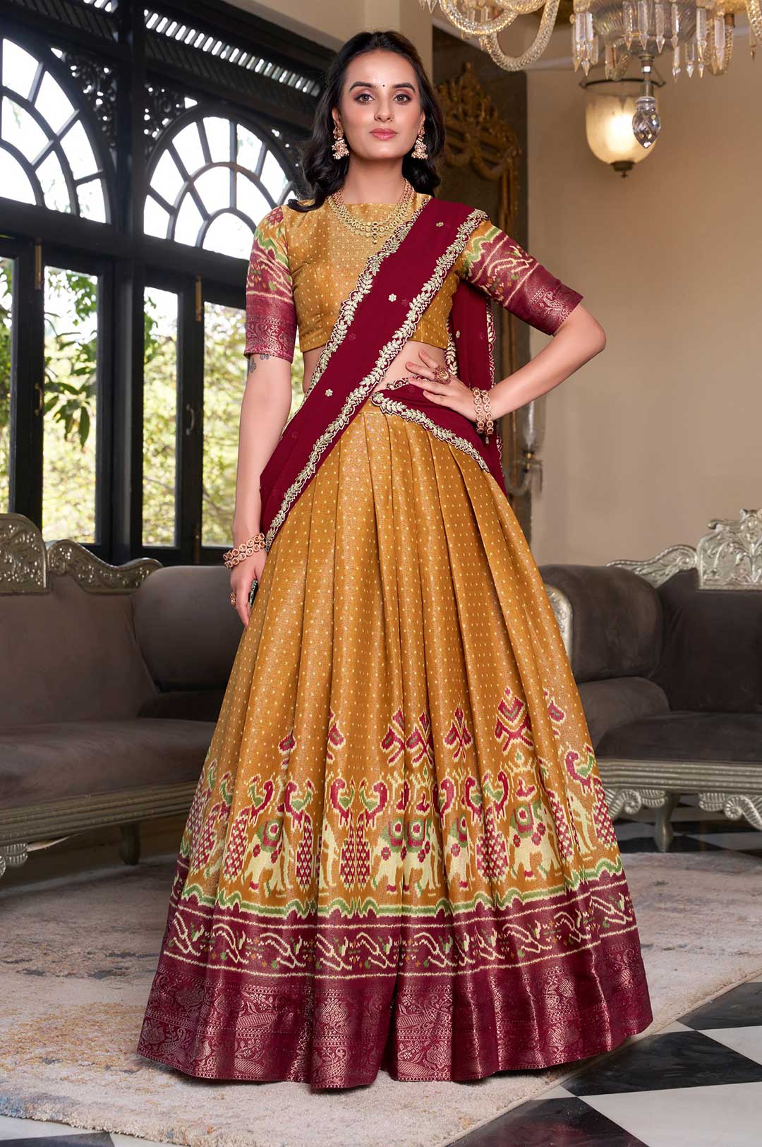 Mustard Kanchipuram Silk Lehenga Choli with Maroon Dupatta