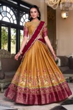 Mustard-Kanchipuram-Silk-Lehenga-Choli-with-Maroon-Dupatta2