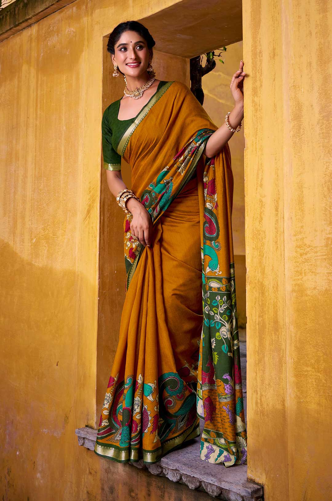 Mustard-Yellow-Kalamkari-Printed-Chanderi-Saree-with-Zari-Weaving-Border2 Mustard Yellow Kalamkari Printed Chanderi Saree with Zari Weaving Border