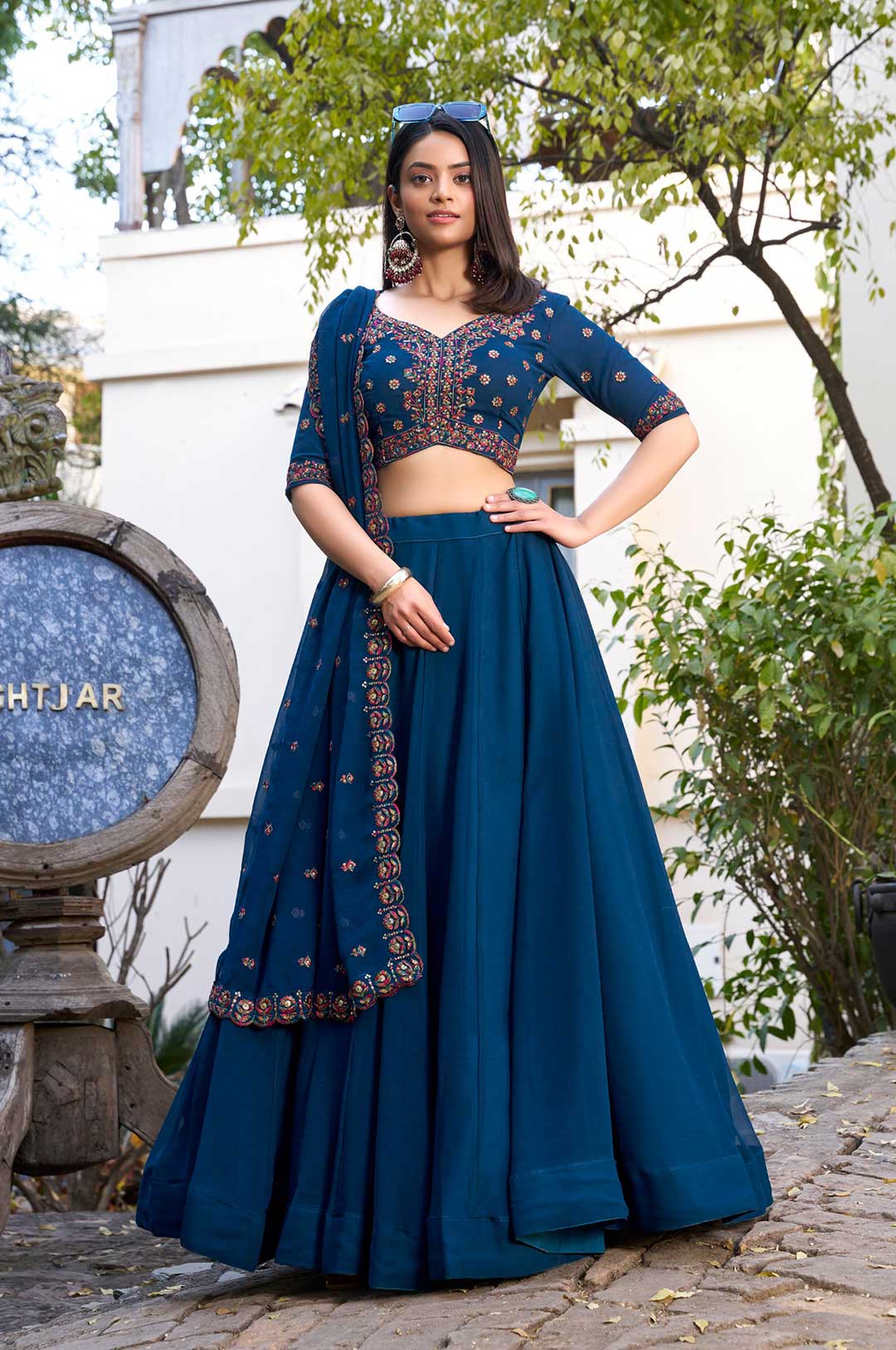 Navy Blue Georgette Embroidered Blouse & Dupatta Lehenga Set