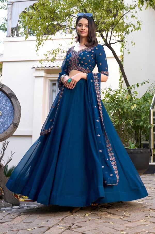 Navy Blue Georgette Embroidered Blouse & Dupatta Lehenga Set