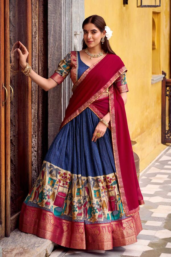 Navy Blue & Maroon Poly Chanderi Kalamkari Zari Weaving Lehenga Set