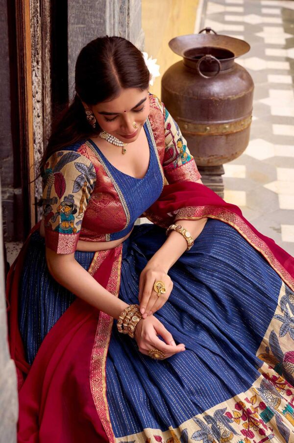 Navy Blue & Maroon Poly Chanderi Kalamkari Zari Weaving Lehenga Set