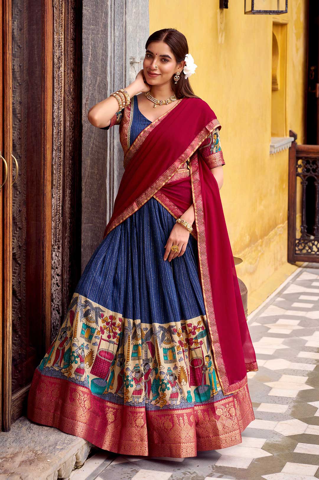 Navy Blue & Maroon Poly Chanderi Kalamkari Zari Weaving Lehenga Set