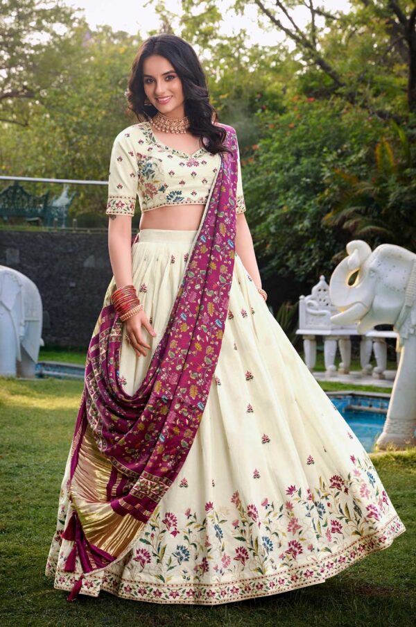 Off-White Floral Khadi Cotton Embroidered Lehenga Choli with Gaji Silk Maroon Dupatta