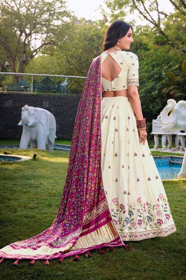 Off-White Floral Khadi Cotton Embroidered Lehenga Choli with Gaji Silk Maroon Dupatta