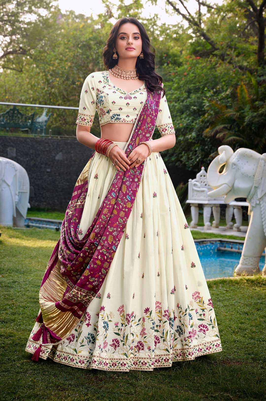Off-White Floral Khadi Cotton Embroidered Lehenga Choli with Gaji Silk Maroon Dupatta
