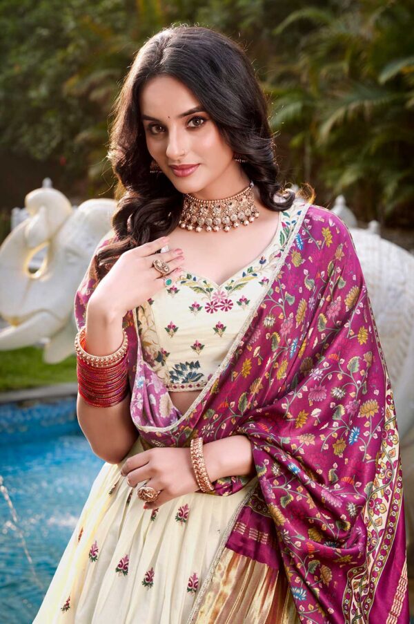 Off-White Floral Khadi Cotton Embroidered Lehenga Choli with Gaji Silk Maroon Dupatta