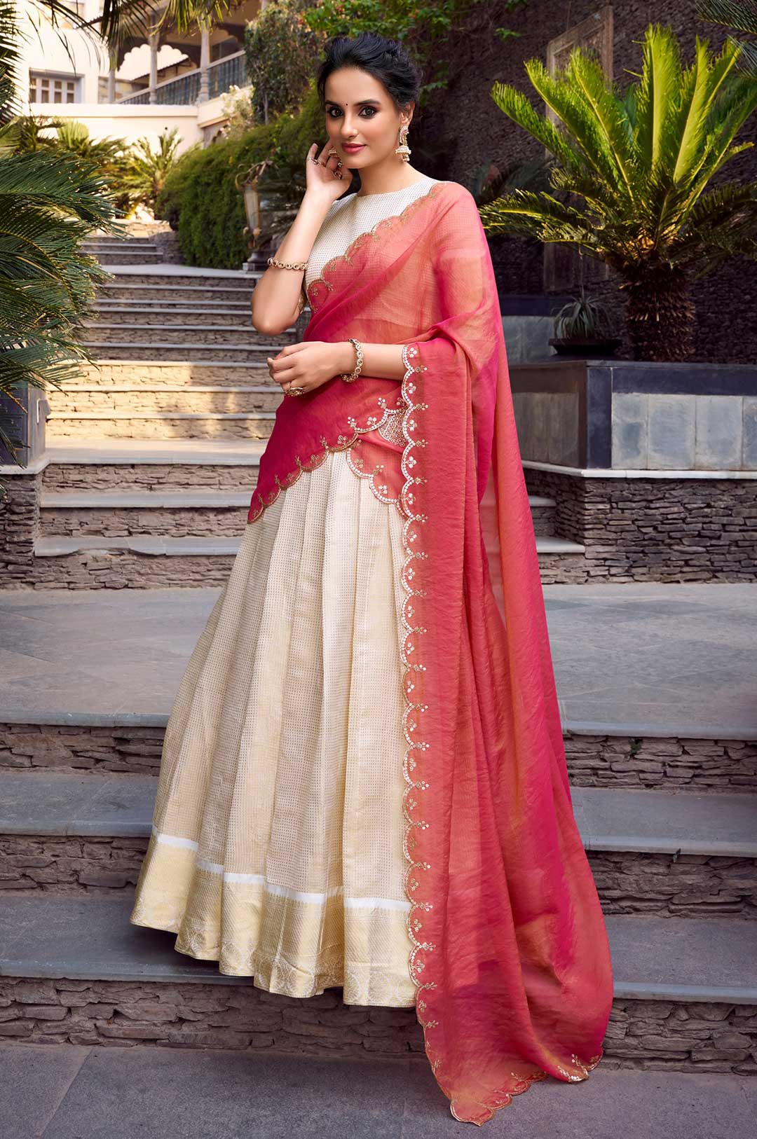 Off-White Jacquard Chex Zari Weaving Lehenga Choli with Shimmer Embroidered Maroon Dupatta