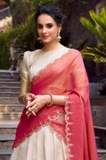 Off-White-Jacquard-Chex-Zari-Weaving-Lehenga-Choli-with-Shimmer-Embroidered-Maroon-Dupatta-4