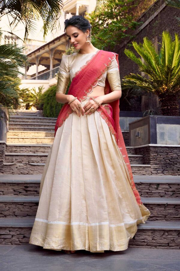 Off-White Jacquard Chex Zari Weaving Lehenga Choli with Shimmer Embroidered Maroon Dupatta