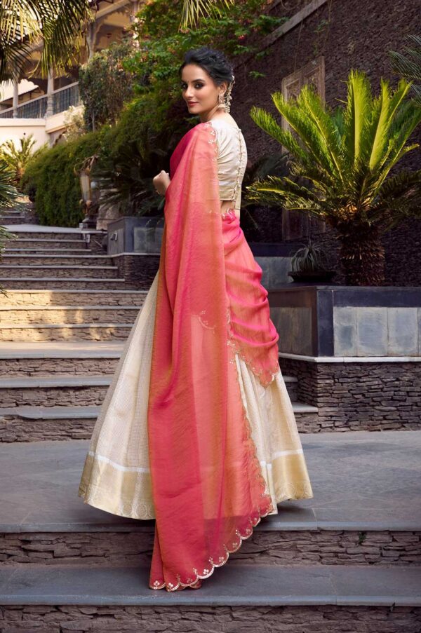Off-White Jacquard Chex Zari Weaving Lehenga Choli with Shimmer Embroidered Maroon Dupatta