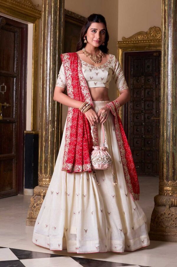Off-White Vichitra Silk Embroidered Lehenga Choli with Bandhej Print Maroon Dupatta