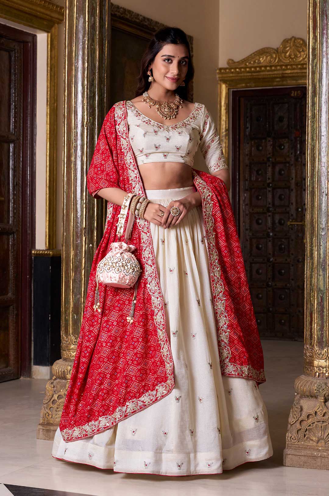 Off-White Vichitra Silk Embroidered Lehenga Choli with Bandhej Print Maroon Dupatta