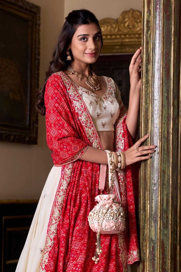 Off-White Vichitra Silk Embroidered Lehenga Choli with Bandhej Print Maroon Dupatta