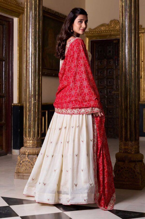 Off-White Vichitra Silk Embroidered Lehenga Choli with Bandhej Print Maroon Dupatta