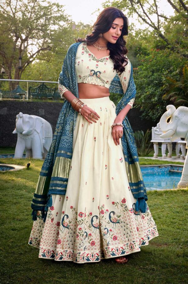 Off-White and Blue Lehenga Choli with a Bandhani Dupatta