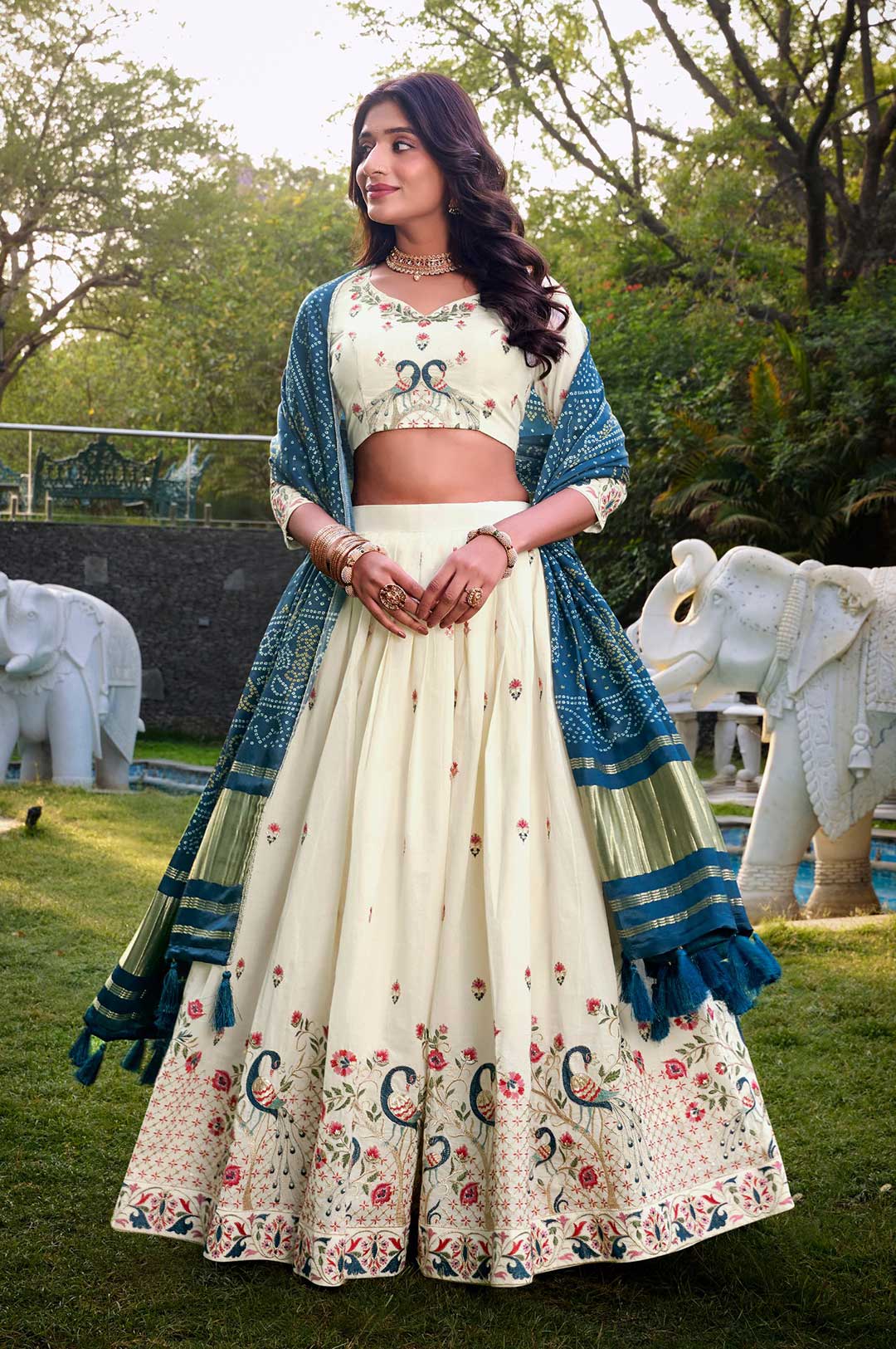 Off-White and Blue Lehenga Choli with a Bandhani Dupatta